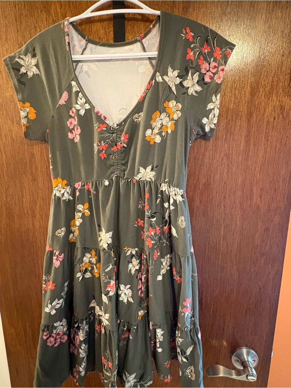 No Boundaries Olive Floral Tiered Dress with Pink & Yellow Blooms